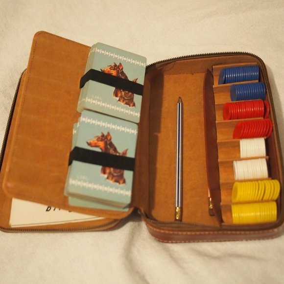 vtg DUNHILL Cowhide Leather Case Poker Chips Bridge LIAL Doberman Playing Cards - Picture 3 of 14